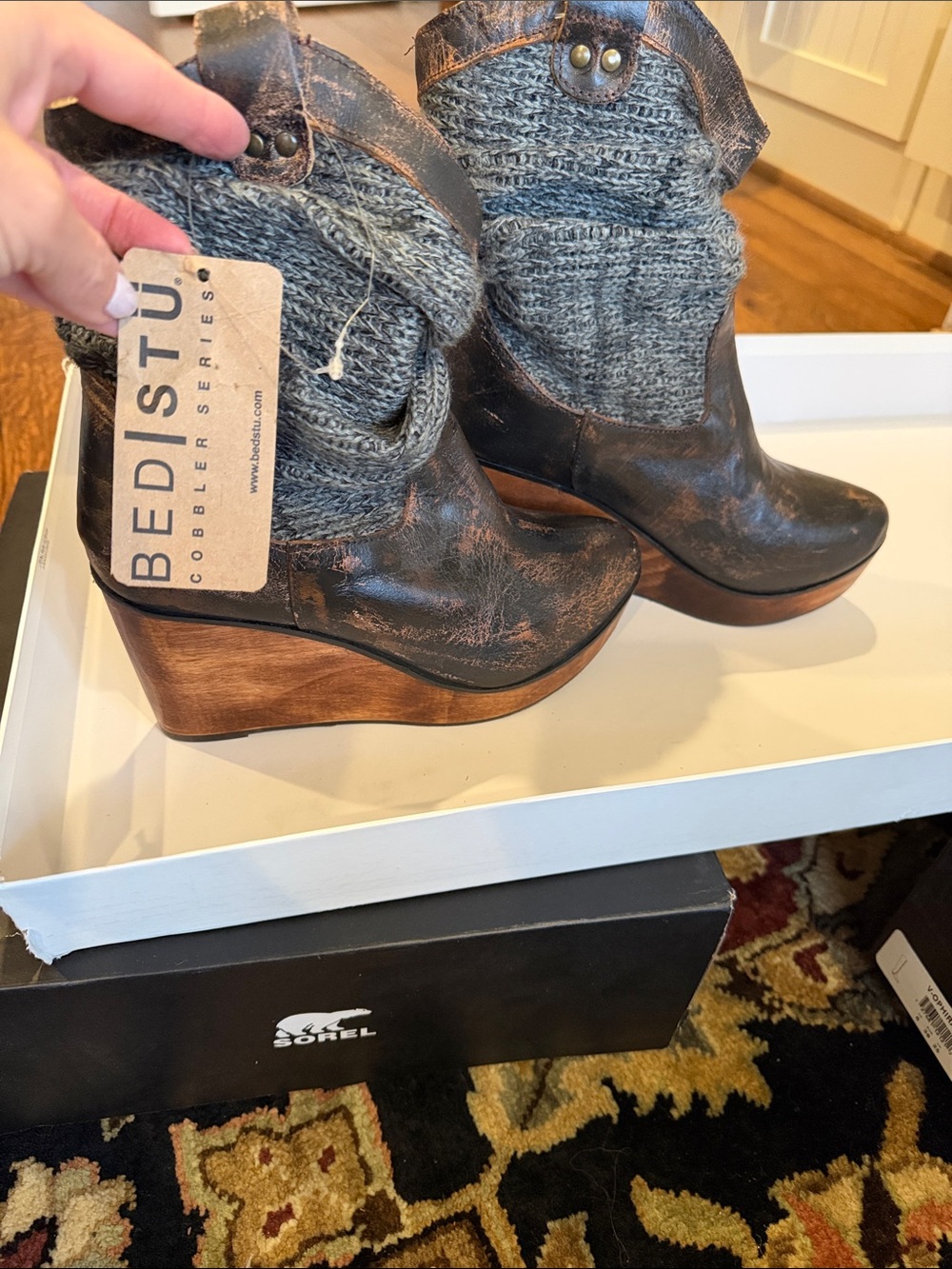 BED|STU Brown Leather and Gray Knit Wedge Booties